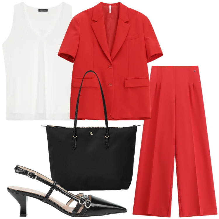 Outfit donna - Passione red. Stile Casual per Ufficio. Abbinamento con décolleté, pantaloni a palazzo, blazer, top, borse tote.
