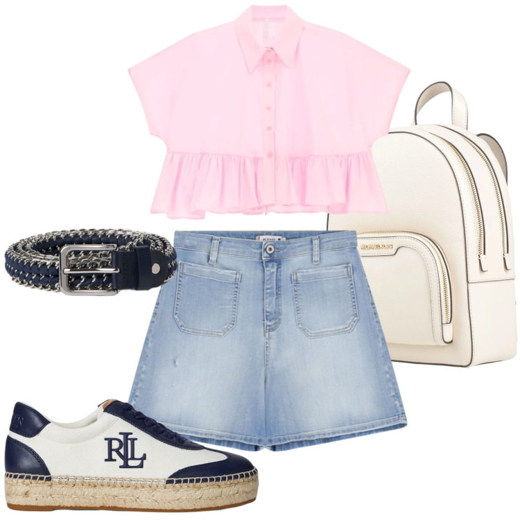 Outfit donna - Camicia luminosa. Stile Casual per Tutti i giorni. Abbinamento con zaini, camicie a manica corta, shorts, cinture, sneakers.
