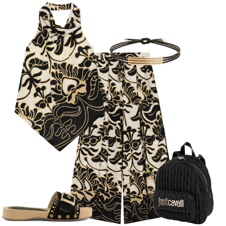 Outfit donna - Etnico bianco nero per il mare. Stile Etnico per Mare. Abbinamento con zaini, top, pantaloni a palazzo, cinture, ciabatte.