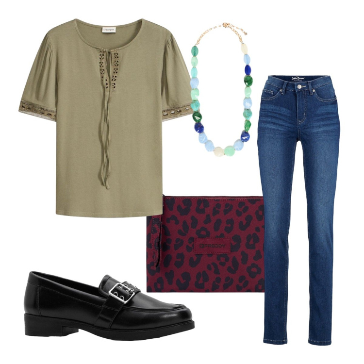 Outfit donna - Luglio. Stile Urban per Tutti i giorni. Abbinamento con t-shirt, jeans, mocassini, collane, clutch.