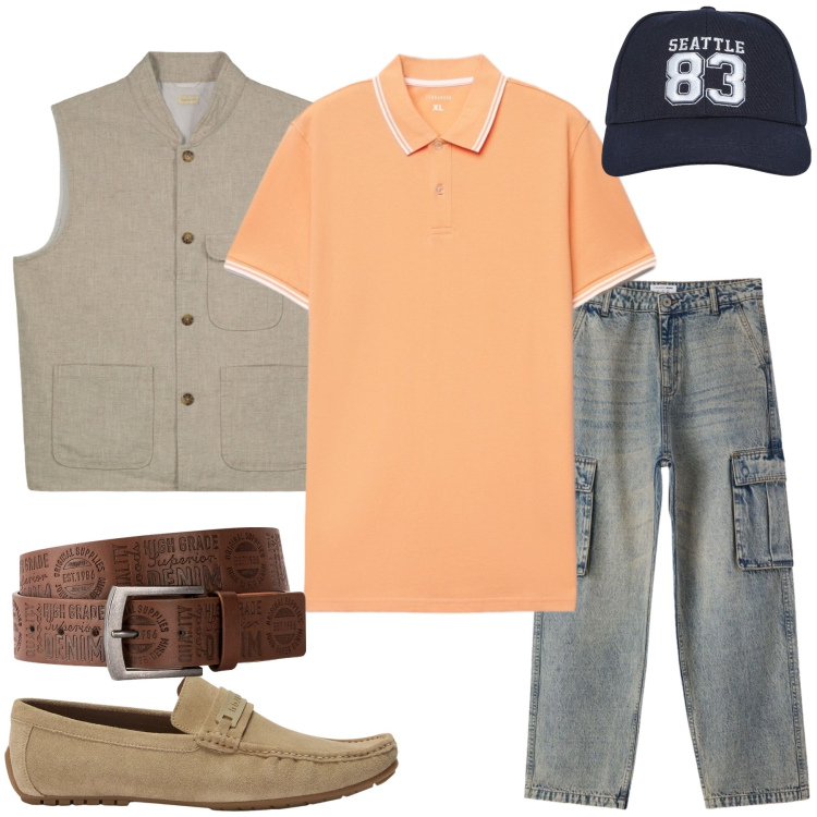 Outfit uomo - Total look #2433380. Stile Casual per Tutti i giorni. Abbinamento con cinture, scarpe stringate, cappelli, jeans, polo, gilet.