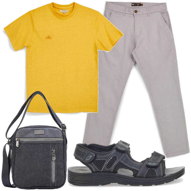 Outfit uomo - Outfit estivo con Pittarello. Stile Casual per Tutti i giorni. Abbinamento con t-shirt, pantaloni, sandali, borse sportive.
