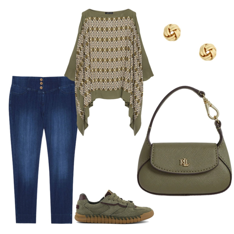 Outfit donna - Total look #2433389. Stile Chic per Ufficio. Abbinamento con jeggings, bluse, orecchini, borse a mano, sneakers.