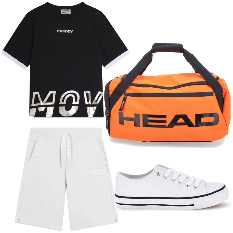 Outfit donna - Sporty summer mood. Stile Sporty chic per Sport. Abbinamento con pantaloni corti, t-shirt, borse sportive, sneakers.