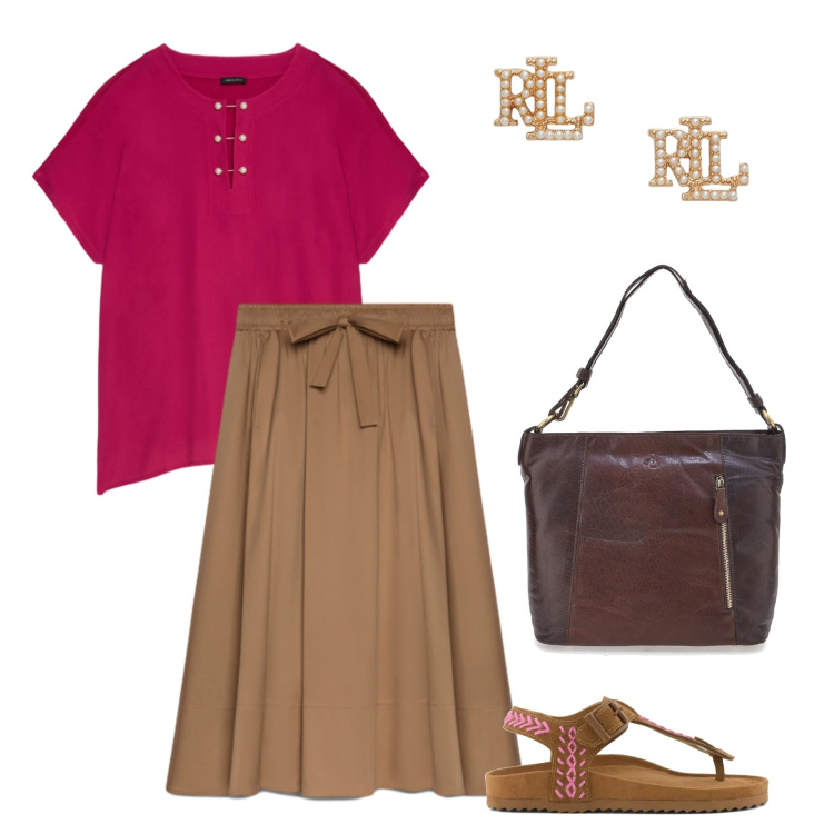 Outfit donna - Total look #2433391. Stile Casual per Tutti i giorni. Abbinamento con gonne lunghe, t-shirt, orecchini, borse a spalla, infradito.