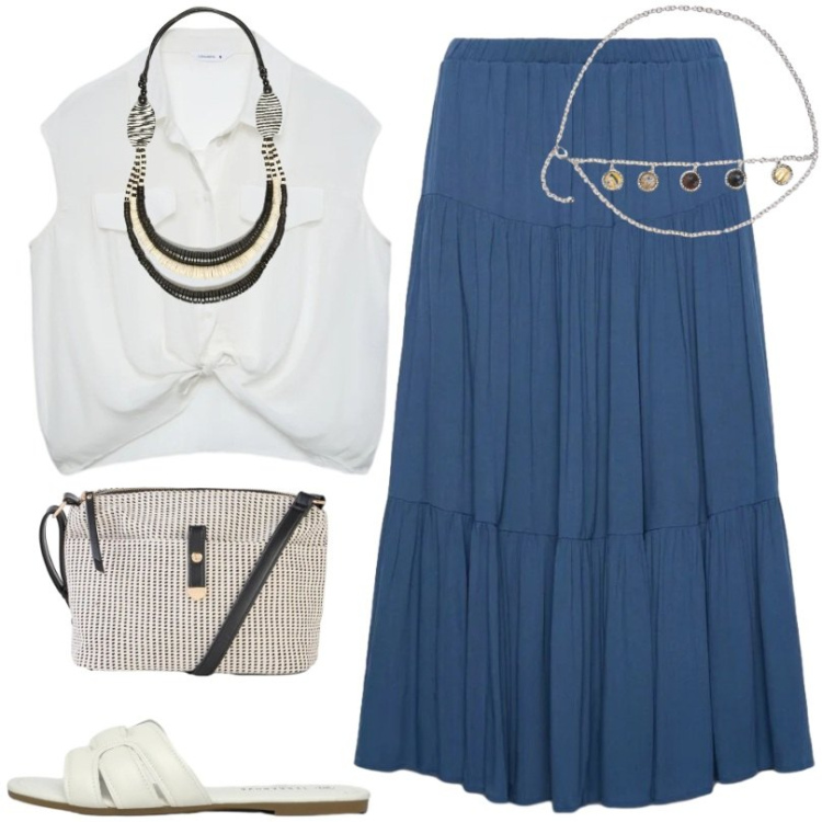 Outfit donna - Total look #2433393. Stile Boho per Tutti i giorni. Abbinamento con borse a tracolla, camicie a manica corta, cinture, gonne lunghe, ciabatte, collane.