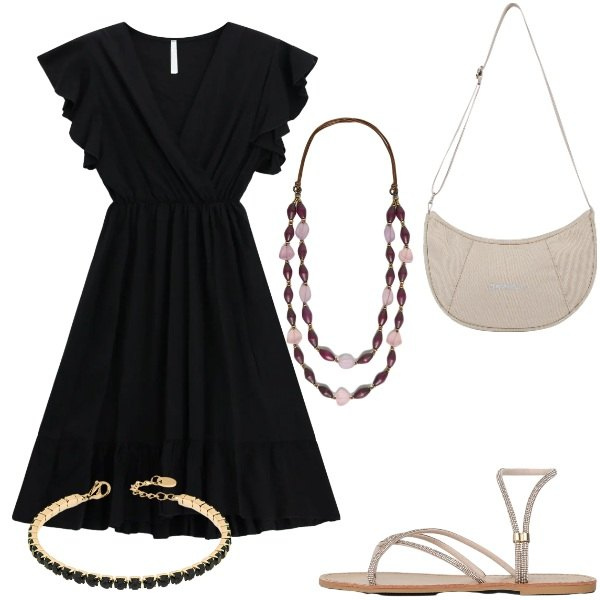 Outfit donna - Serate di luglio. Stile Casual per Serata fuori. Abbinamento con sandali, vestiti corti, collane, braccialetti, borse a spalla.
