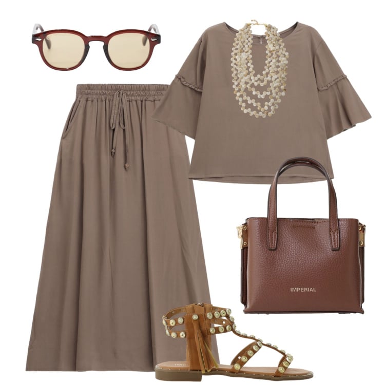 Outfit donna - Italian Summer Imperial. Stile Casual chic per Tutti i giorni. Abbinamento con gonne lunghe, bluse, borse a tracolla, sandali, occhiali da sole, collane.