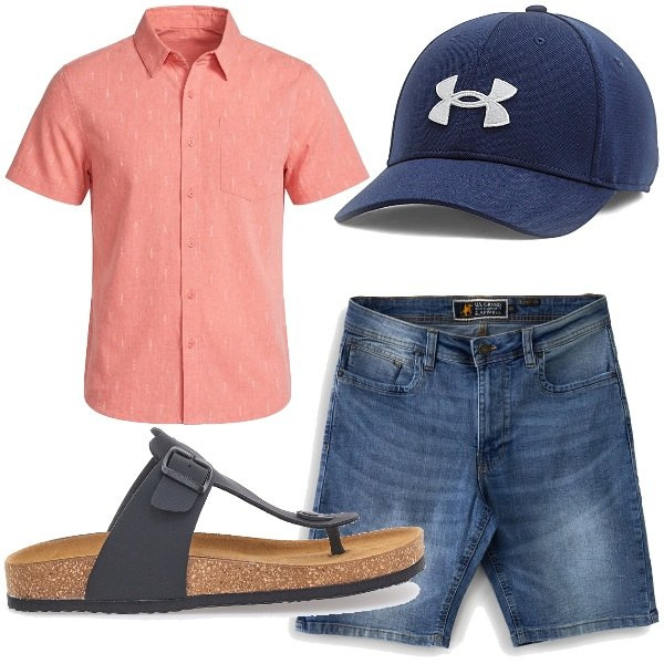 Outfit uomo - Estate comoda. Stile Casual per Tutti i giorni. Abbinamento con cappelli, sandali, bermuda, camicie a manica corta.