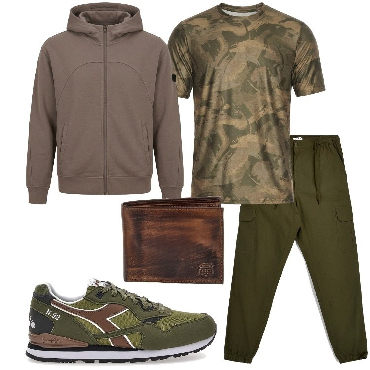 Outfit uomo - Pittarello - luglio in montagna. Stile Casual per Tutti i giorni. Abbinamento con portafogli, pantaloni cargo, t-shirt, felpe con cappuccio, sneakers.