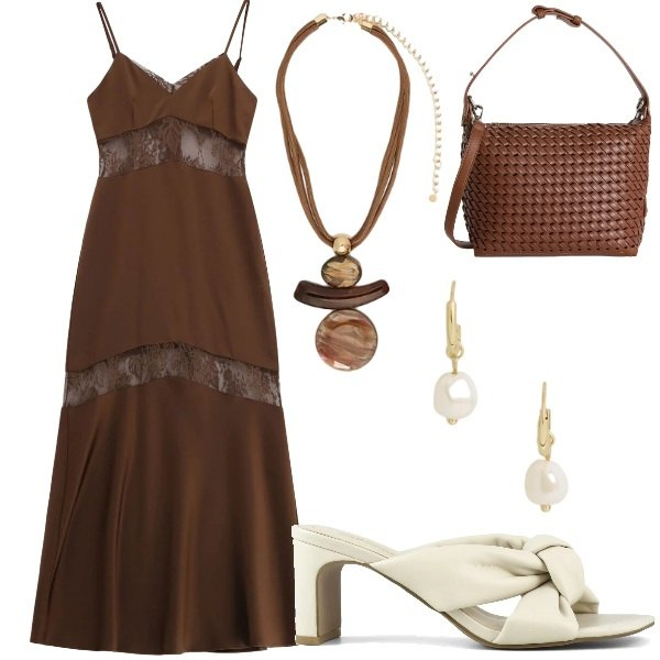 Outfit donna - A cena fuori. Stile Casual chic per Serata fuori. Abbinamento con borse a spalla, ciondoli, orecchini, vestiti lunghi, sandali col tacco.