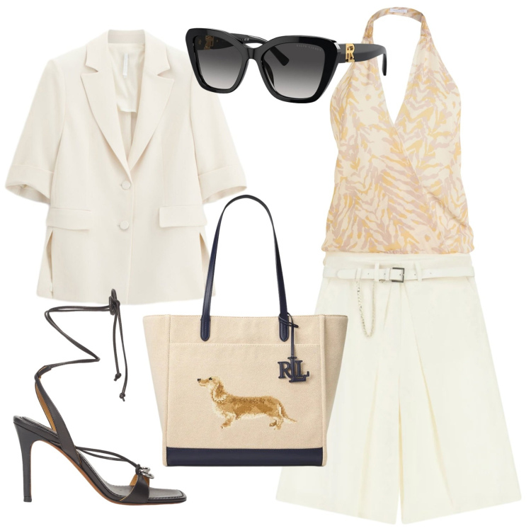 Outfit donna - Il tacco giusto ed è subito sera. Stile Trendy per Serata fuori. Abbinamento con body, bermuda, blazer, occhiali da sole, sandali in pelle, borse tote.