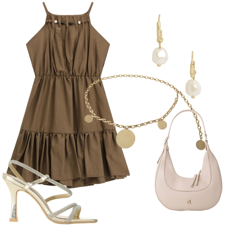 Outfit donna - Total look #2433408. Stile Chic per Serata fuori. Abbinamento con vestiti corti, sandali col tacco, borse a tracolla, cinture, orecchini.