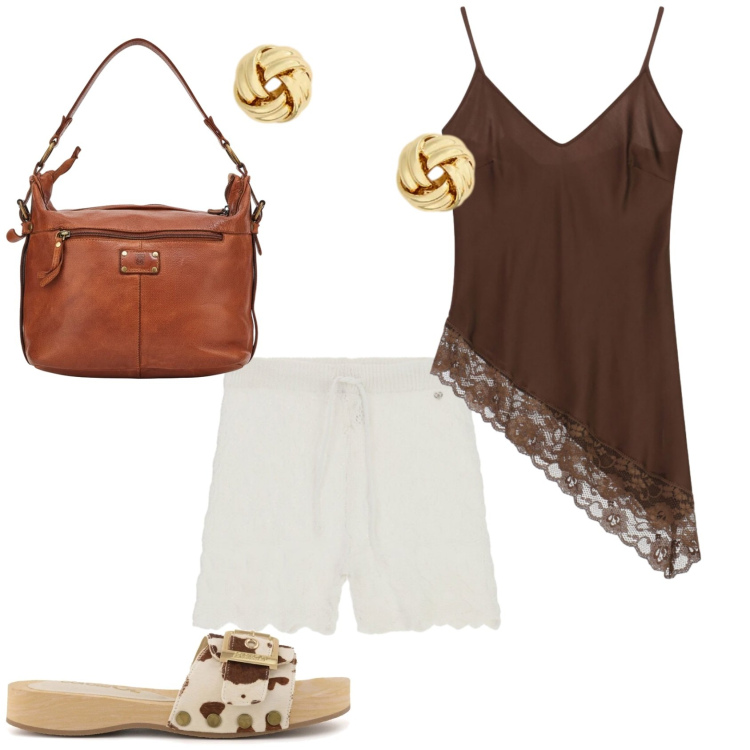 Outfit donna - Serata casual. Stile Casual chic per Serata fuori. Abbinamento con orecchini, shorts, top, ciabatte, borse a spalla.