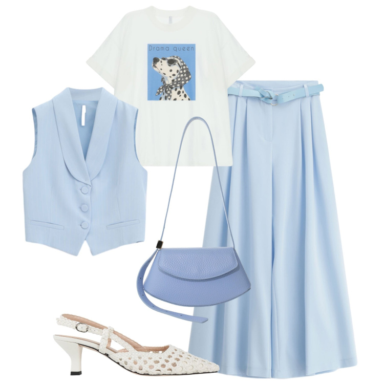 Outfit donna - Azzurro cielo Imperial. Stile Casual chic per Tutti i giorni. Abbinamento con décolleté, t-shirt, borse a spalla, pantaloni a palazzo, gilet.