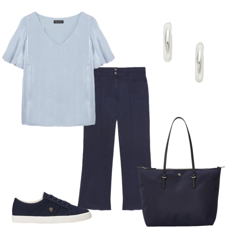 Outfit donna - Total look #2433418. Stile Casual chic per Ufficio. Abbinamento con bluse, pantaloni, sneakers, borse tote, orecchini.