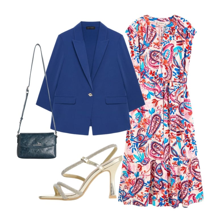 Outfit donna - Total look #2433439. Stile Glamour per Serata fuori. Abbinamento con vestiti chemisier, sandali col tacco, borse a tracolla, blazer.