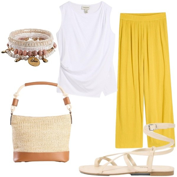 Outfit donna - Leggerezza e colore del sole. Stile Casual per Tutti i giorni. Abbinamento con pantaloni, top, borse a mano, sandali, braccialetti con ciondoli.