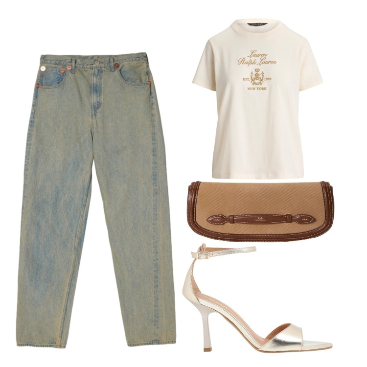 Outfit donna - Luglio. Stile Casual chic per Serata fuori. Abbinamento con sandali in pelle, t-shirt, clutch, jeans.