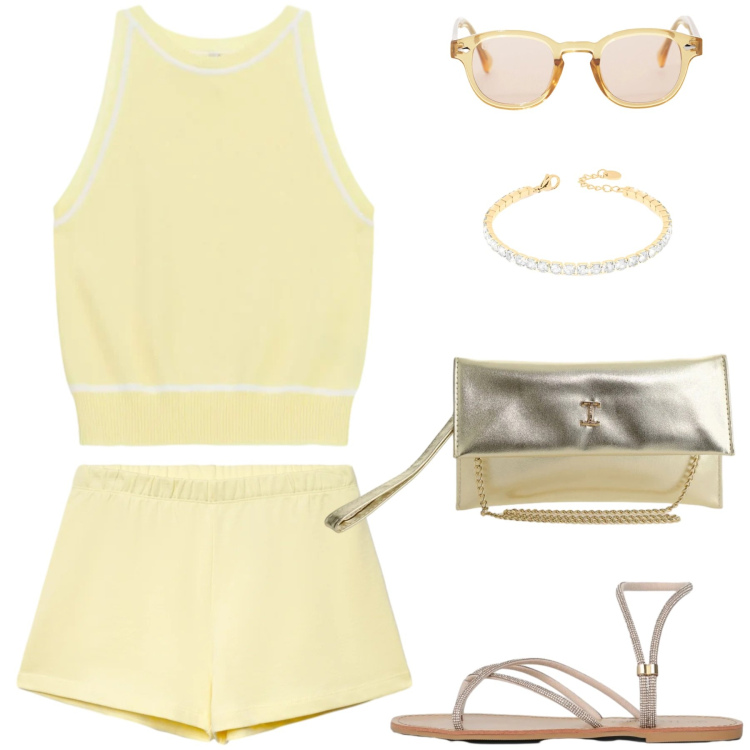Outfit donna - Solare e speziata. Stile Sporty chic per Tutti i giorni. Abbinamento con shorts, sandali, braccialetti, borse a tracolla, occhiali da sole, top.