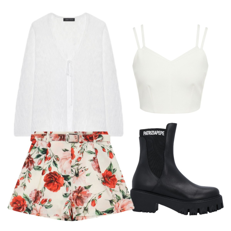 Outfit donna - Domenica fiorata. Stile Romantica per Tutti i giorni. Abbinamento con stivaletti, top, shorts, cardigans.
