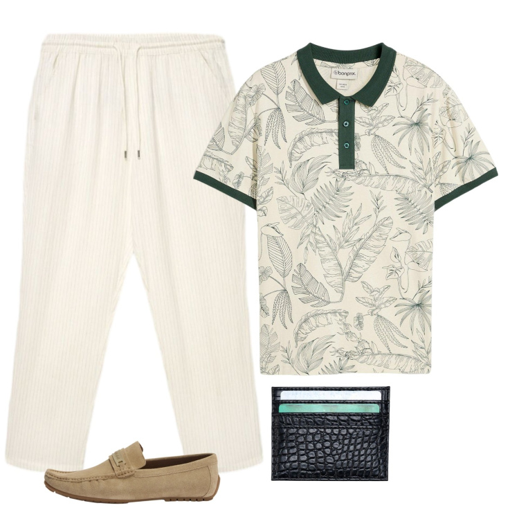 Outfit uomo - Pranzo sul lago. Stile Casual per Tutti i giorni. Abbinamento con polo, scarpe stringate, pantaloni, portafogli.