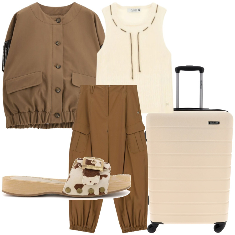 Outfit donna - Please - Summer Freedom. Stile Glamour per Tutti i giorni. Abbinamento con top, pantaloni cargo, gilet, ciabatte, valigie.