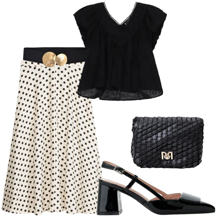 Outfit donna - Aperitivo. Stile Casual chic per Serata fuori. Abbinamento con gonne longuette, bluse, borse a tracolla, cinture, décolleté.