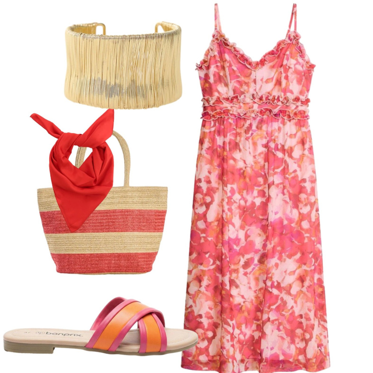 Outfit donna - Fantasia. Stile Casual per Mare. Abbinamento con vestiti, shopping bag, ciabatte, braccialetti, foulard.