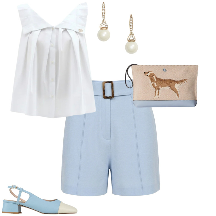 Outfit donna - Chic ogni giorno. Stile Chic per Cerimonia. Abbinamento con décolleté, shorts, bluse, orecchini, pochette.