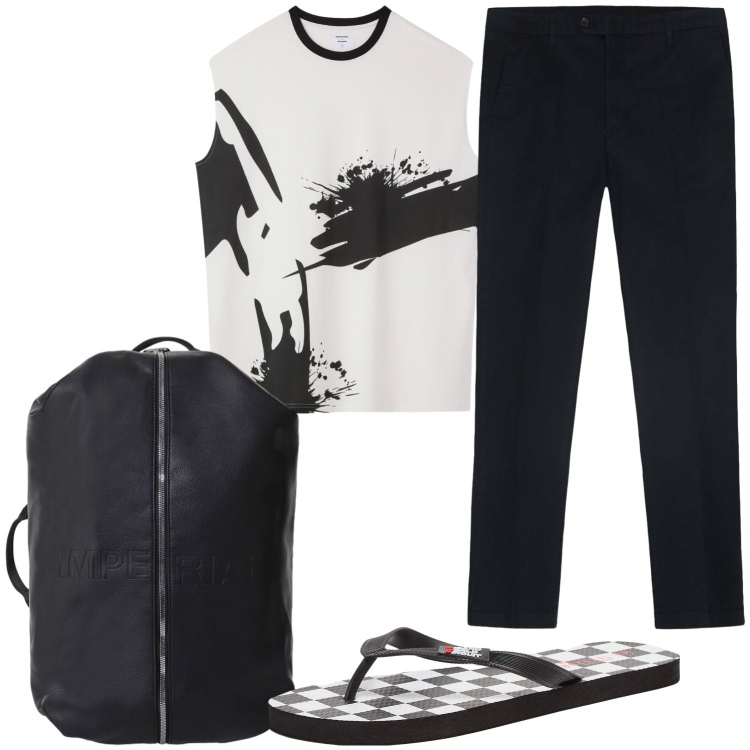 Outfit uomo - Total look #2433491. Stile Urban per Tutti i giorni. Abbinamento con t-shirt, sandali, pantaloni, borse sportive.