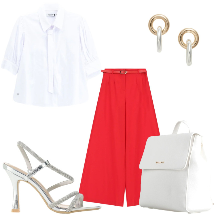 Outfit donna - Elegante in stile. Stile Glamour per Tutti i giorni. Abbinamento con zaini, orecchini, camicie, pantaloni a palazzo, sandali col tacco.