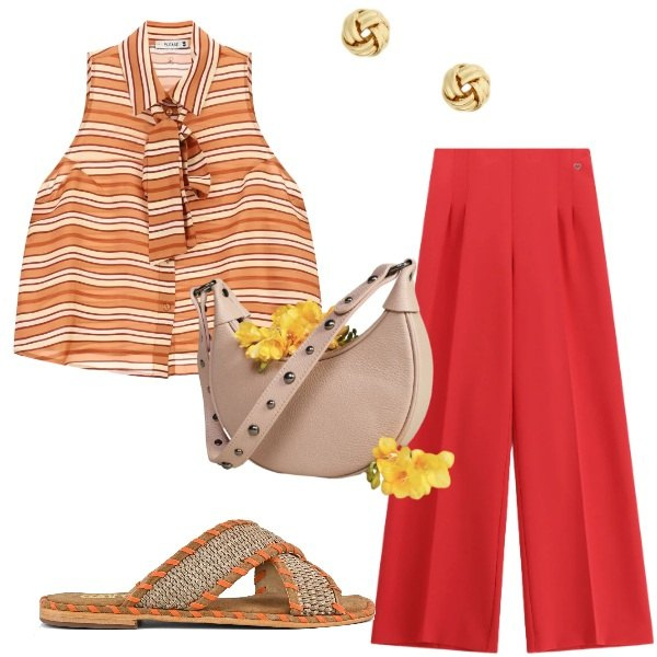 Outfit donna - Tutto il giorno. Stile Casual chic per Tutti i giorni. Abbinamento con camicie, pantaloni a palazzo, borse a spalla, orecchini, ciabatte.
