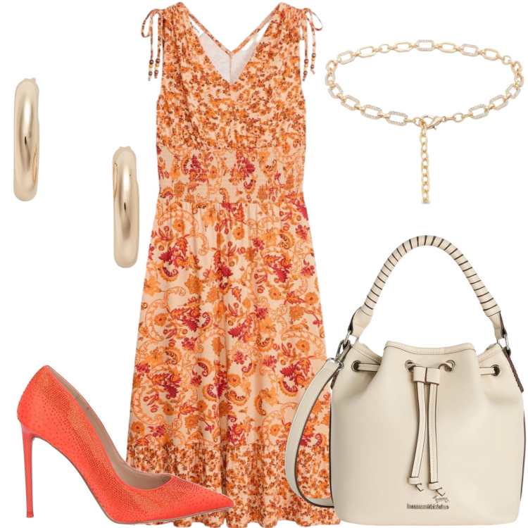 Outfit donna - Total look #2433497. Stile Casual chic per Tutti i giorni. Abbinamento con décolleté, vestiti, borse a secchiello, orecchini, cinture.
