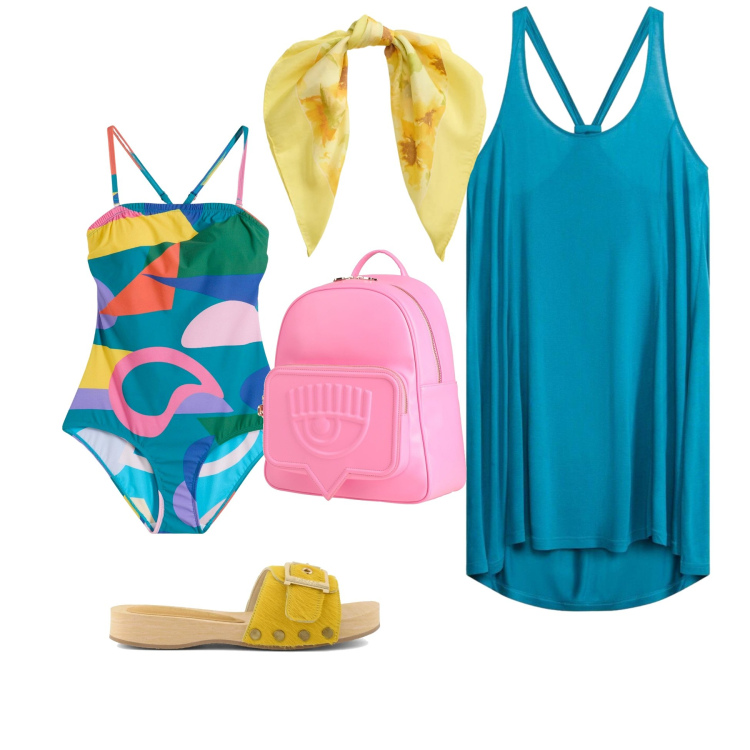 Outfit donna - Colori di Vacanza. Stile Trendy per Mare. Abbinamento con foulard, zaini, ciabatte, costumi interi, vestiti da spiaggia.