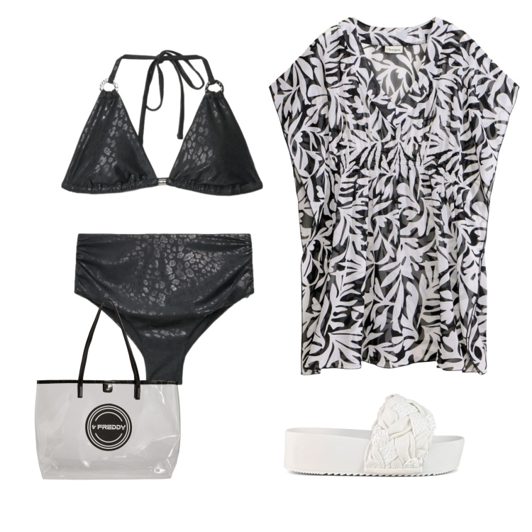 Outfit donna - Estate in Bianco e Nero. Stile Sexy per Mare. Abbinamento con shopping bag, bikini, bikini, ciabatte, vestiti da spiaggia.