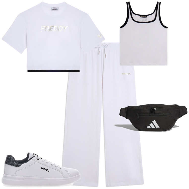 Outfit donna - Sporty chic sport tempo libero. Stile Sporty chic per Tutti i giorni. Abbinamento con pantaloni, t-shirt, canottiere, sneakers, borse sportive.