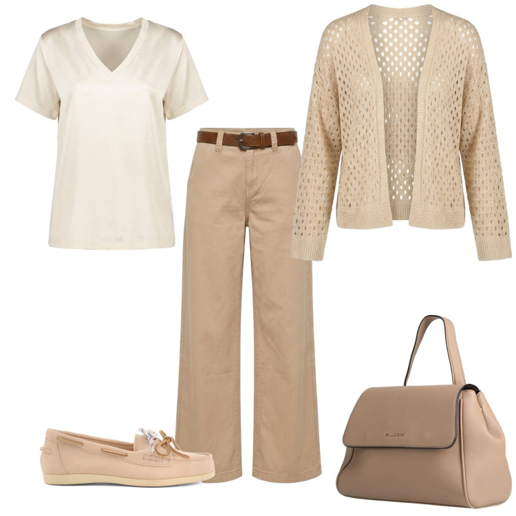 Outfit donna - Total look #2433510. Stile Casual chic per Ufficio. Abbinamento con zaini, pantaloni, cardigans, t-shirt, mocassini.