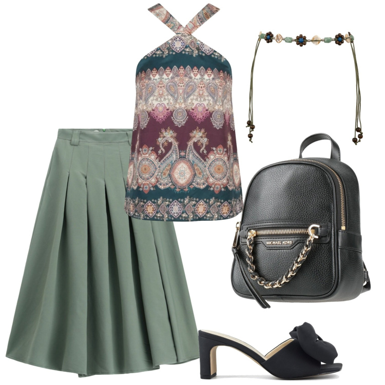 Outfit donna - Total look #2433513. Stile Boho per Serata fuori. Abbinamento con zaini, gonne longuette, top, cinture, sandali col tacco.