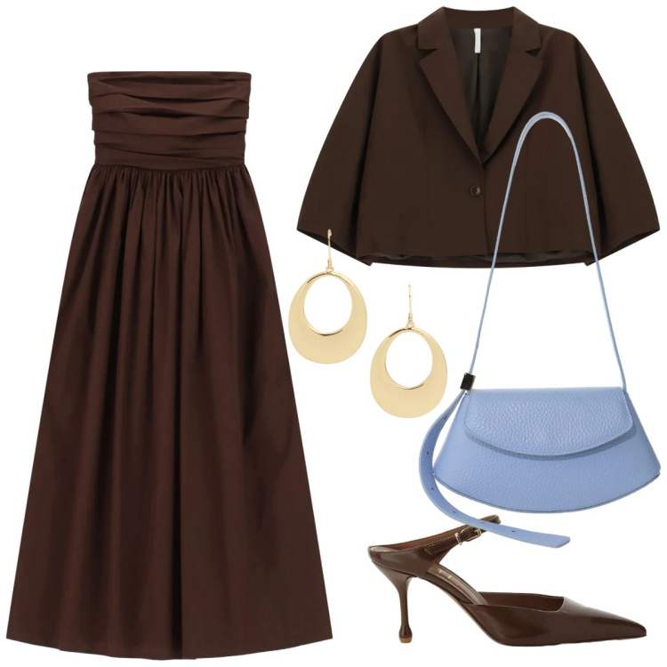 Outfit donna - Moro e azzurro per la sera. Stile Glamour per Serata fuori. Abbinamento con borse a spalla, blazer, vestiti midi/longuette, orecchini, décolleté.