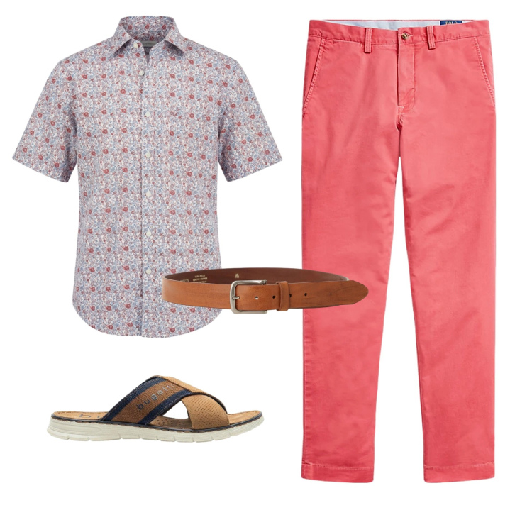 Outfit uomo - Corallo d\'Estate. Stile Casual per Mare. Abbinamento con sandali, camicie a manica corta, pantaloni, cinture.