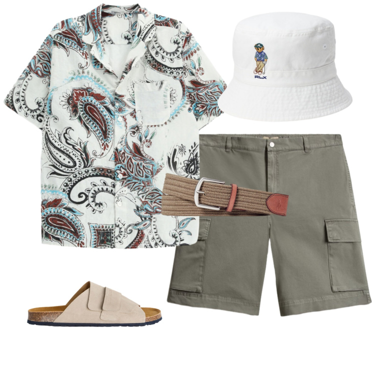 Outfit uomo - Paisley Paradise. Stile Trendy per Mare. Abbinamento con sandali, pantaloni corti, cinture, cappelli, camicie a manica corta.