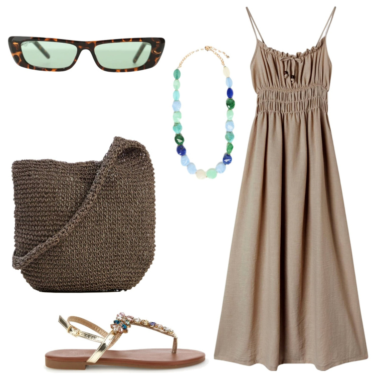 Outfit donna - Summer bag. Stile Glamour per Tutti i giorni. Abbinamento con shopping bag, vestiti lunghi, occhiali da sole, collane, sandali gioiello.