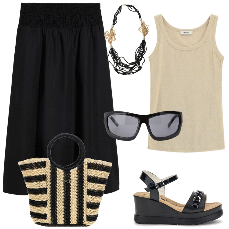 Outfit donna - Summer bag. Stile Casual chic per Tutti i giorni. Abbinamento con gonne longuette, occhiali da sole, top, collane, borse a mano, zeppe.