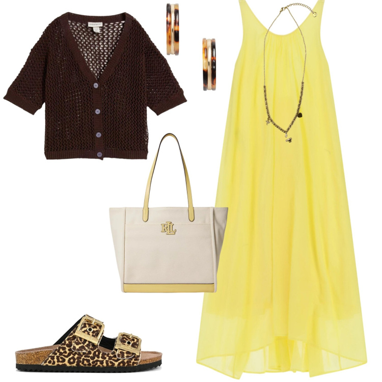 Outfit donna - Casual chic serata. Stile Casual chic per Serata fuori. Abbinamento con cardigans, vestiti lunghi, ciondoli, orecchini, borse tote, sandali in pelle.