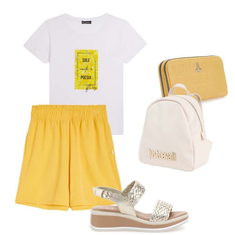 Outfit donna - Lino giallo Freddy. Stile Casual per Tutti i giorni. Abbinamento con zaini, pantaloni corti, t-shirt, portafogli, sandali.