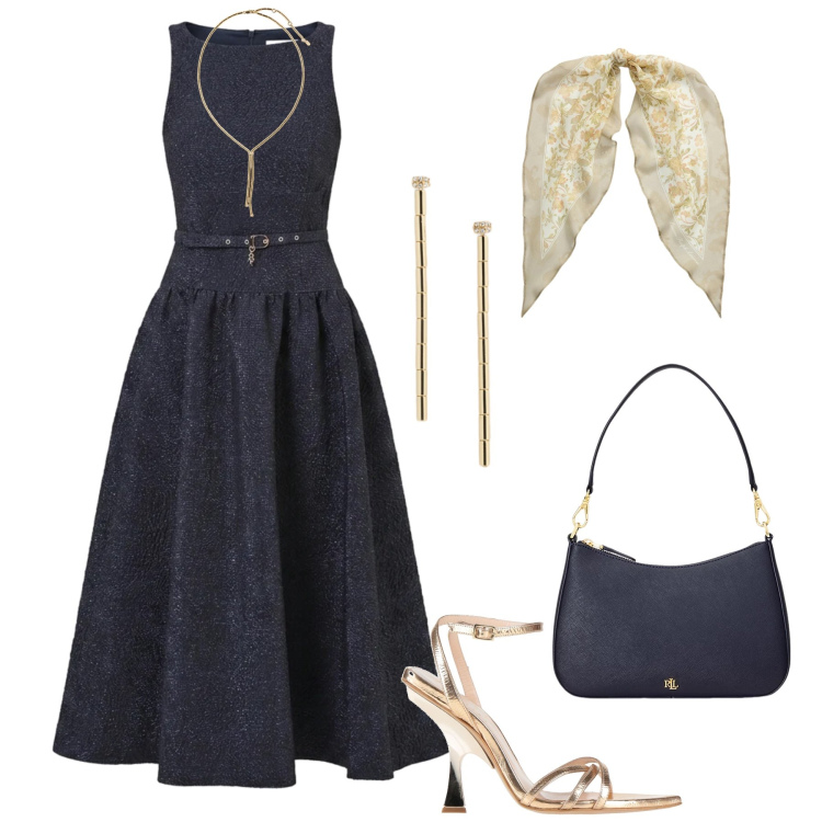 Outfit donna - Eleganza blu navy lurex. Stile Chic per Cerimonia. Abbinamento con sandali in pelle, borse a spalla, foulard, orecchini, collane, vestiti midi/longuette.