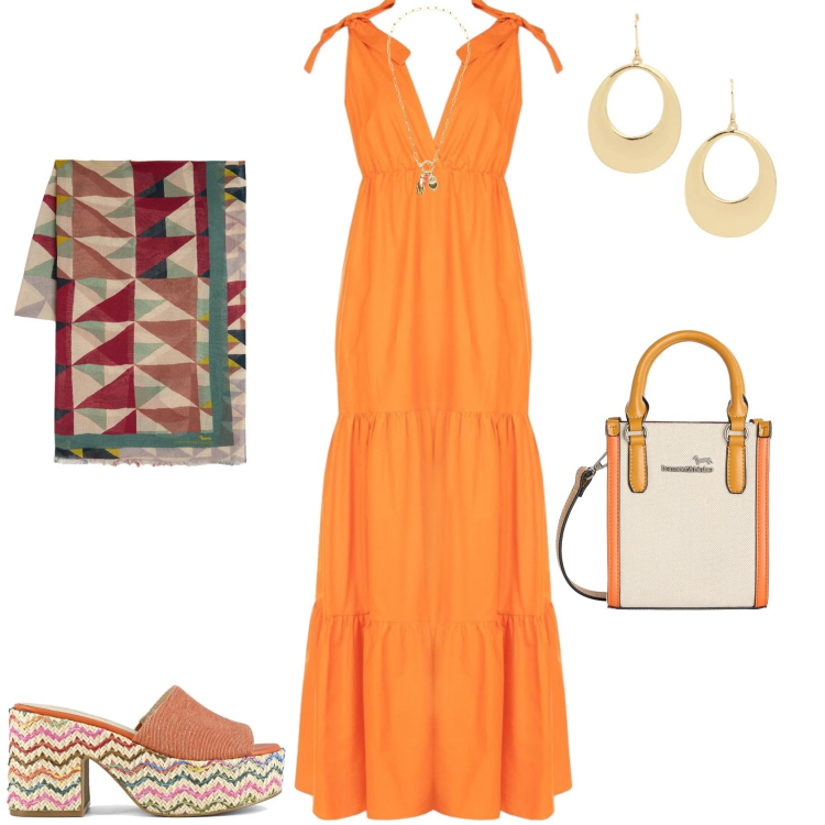 Outfit donna - Casual chic serata al mare. Stile Casual chic per Mare. Abbinamento con sciarpe, borse tote, vestiti lunghi, ciondoli, orecchini, sandali col tacco.
