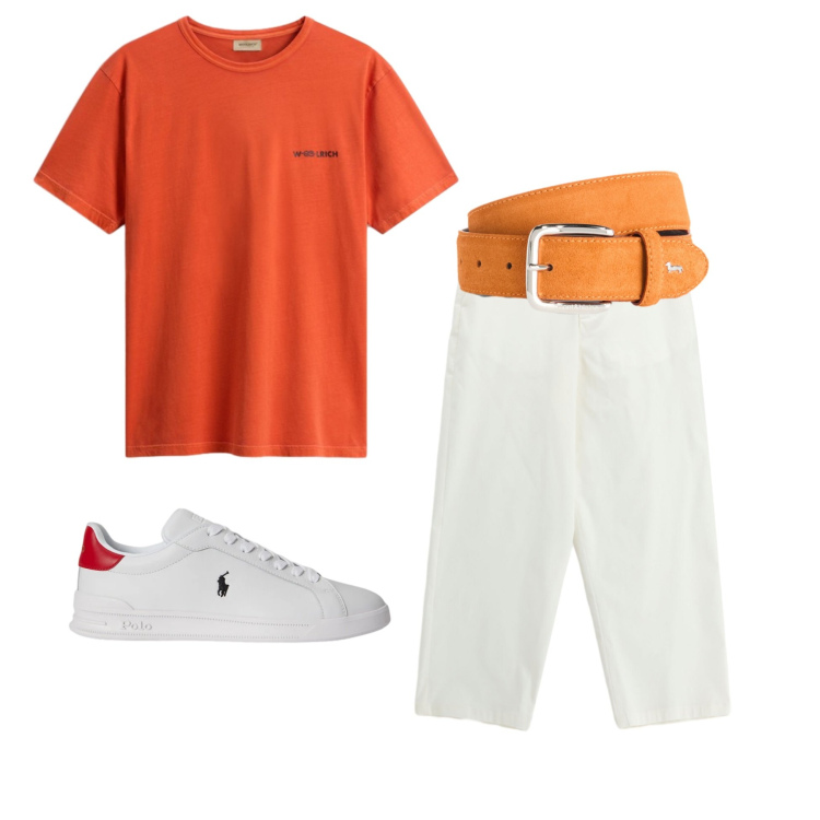 Outfit uomo - Orange Breeze. Stile Urban per Tutti i giorni. Abbinamento con cinture, t-shirt, sneakers, pantaloni.