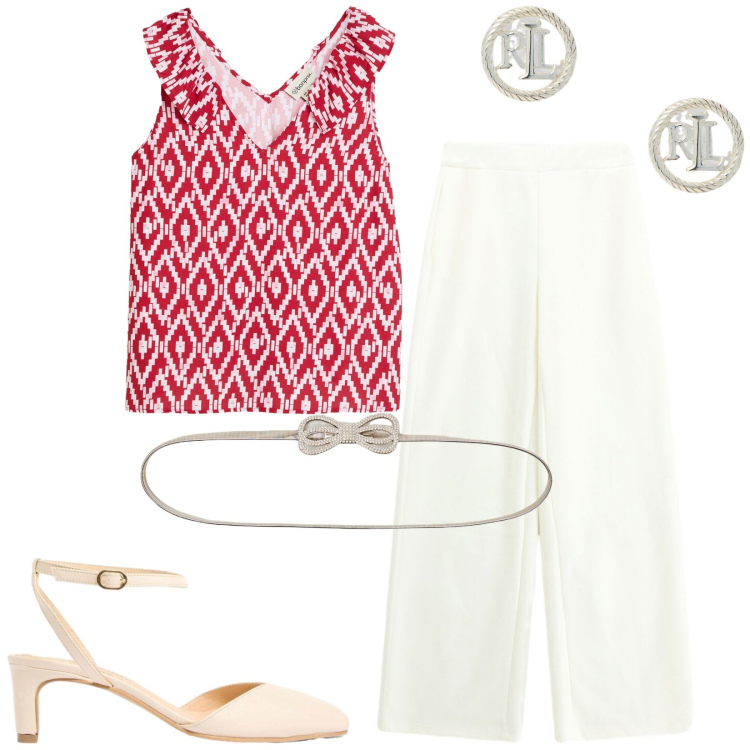 Outfit donna - Total look #2433533. Stile Chic per Tutti i giorni. Abbinamento con top, décolleté, cinture, pantaloni a palazzo, orecchini.